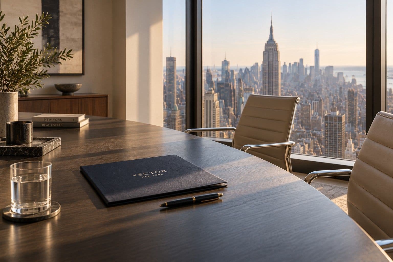 Conference room set for a listing appointment, with the skyline beyond