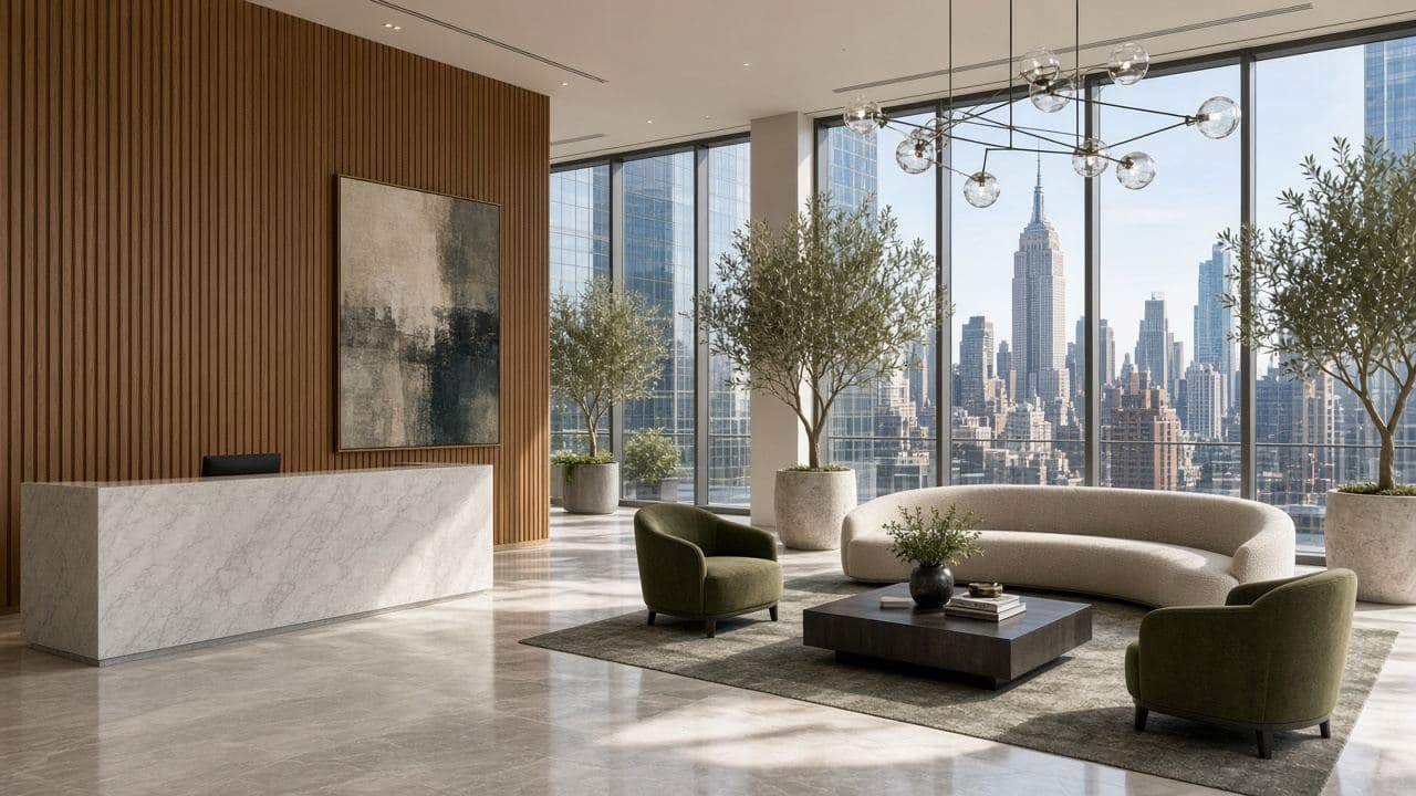Sunlit lobby of a New York residence, with the skyline beyond the glass