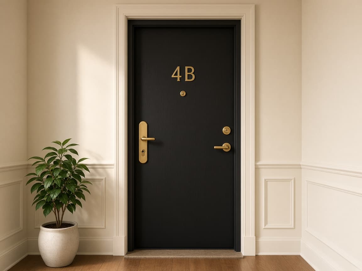 Black apartment door in a quiet hallway